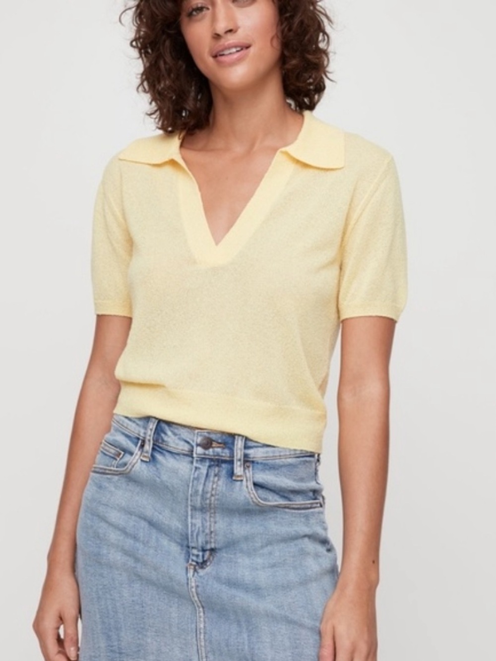 NEW Wilfred Free Vonda Sweater Knit Short Sleeve Vneck Polo Top Yellow Medium